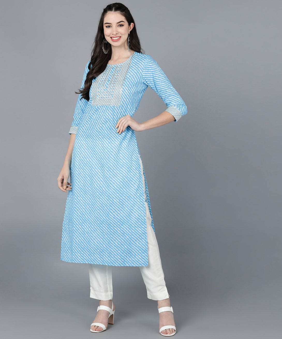 Women's Cotton Lehriya Print Straight Kurta (Sky Blue) - Kipek