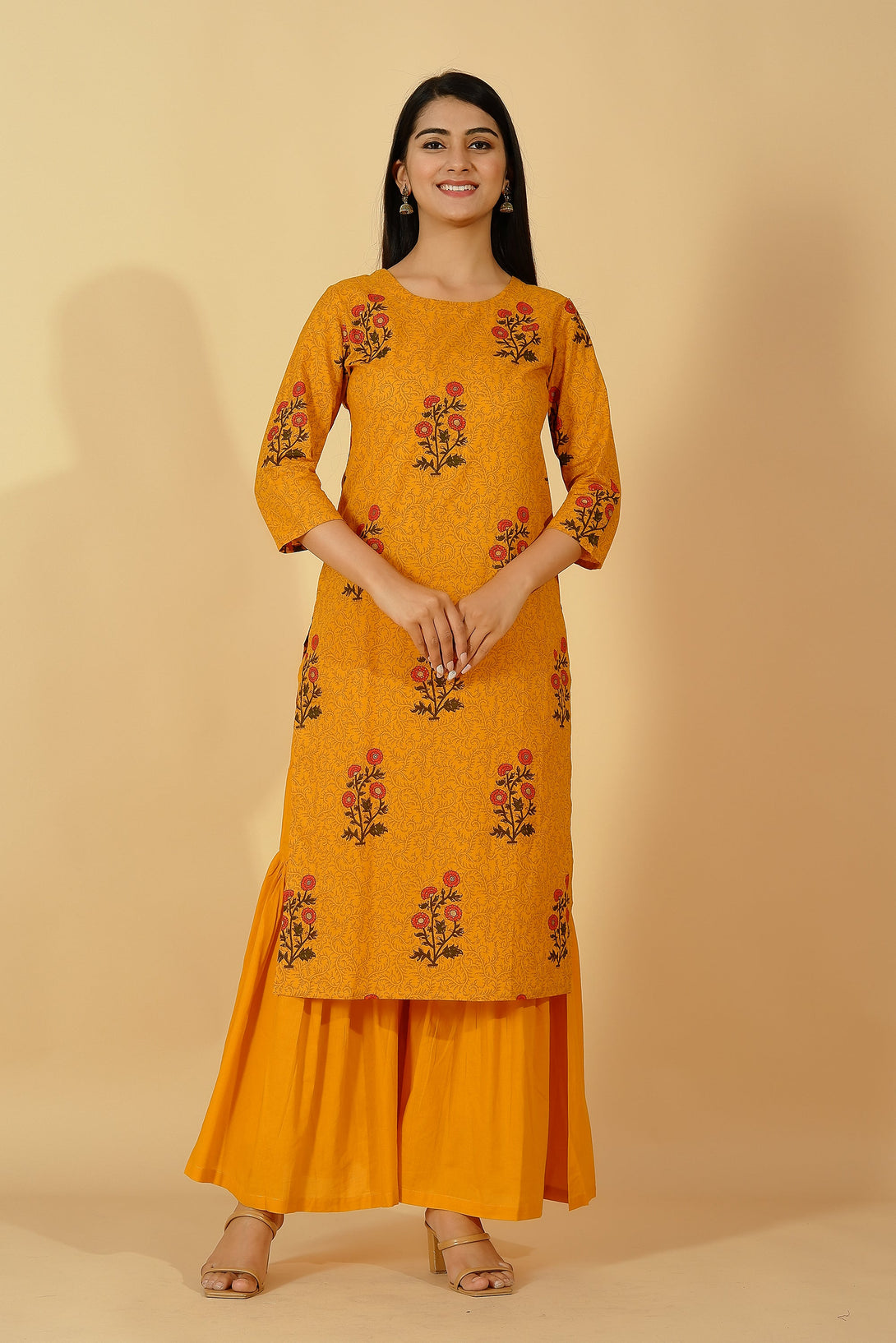 Women's Cotton Printed Straight Kurta Set (Mustard) - Kipek