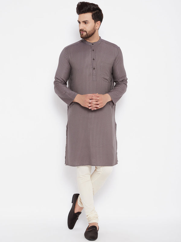 Men's Striped Straight Grey Kurta - Even Apparels