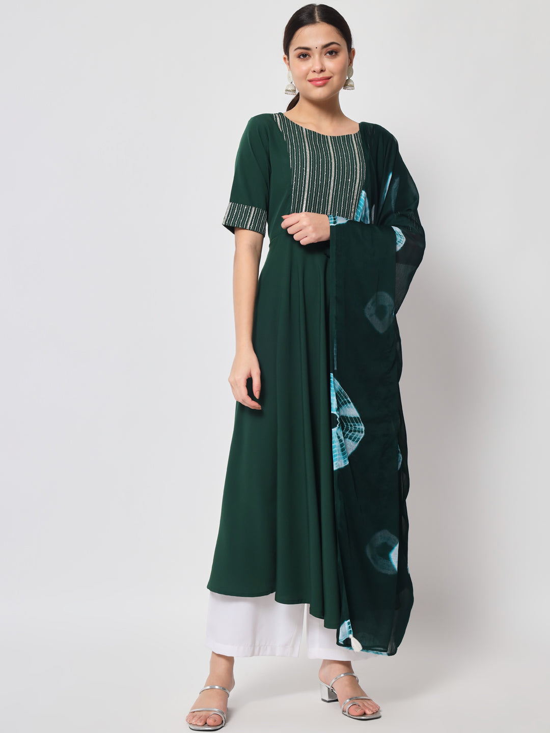 Women's Bottle Green Poly Crepe Flared Kurta With Dupatta - Fiorra