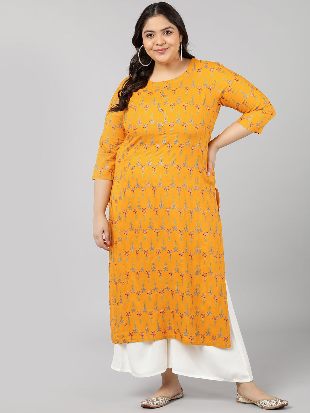 Women's Rayon Floral Print Straight Kurta (Mustard) - Kipek