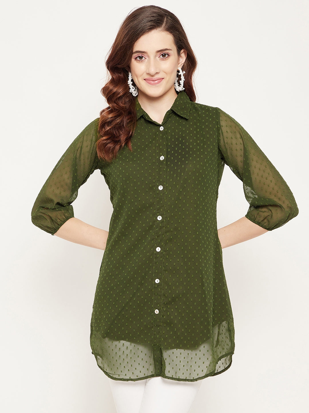 Women's Olive Green Solid Shirt Collar Dobby Tunic - Bitterlime