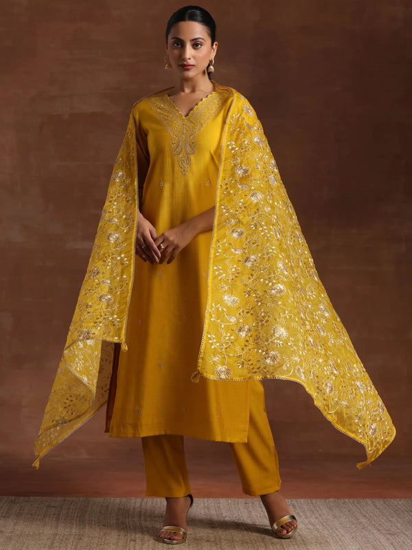 Mustard Embroidered Silk Blend Straight Suit With Dupatta