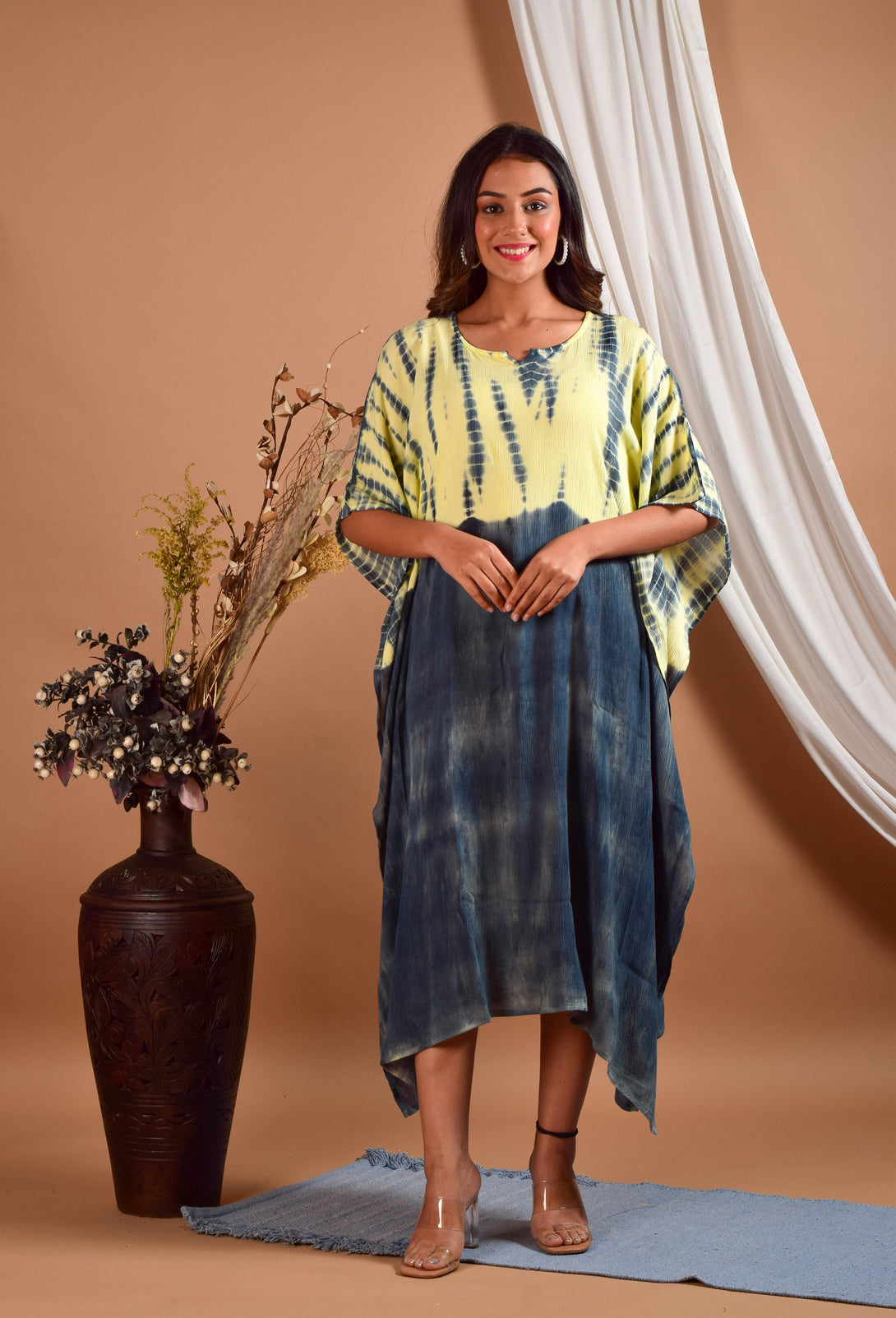 Women's Grey & Yellow Hand Dyed Kaftan Dress - Maaesa