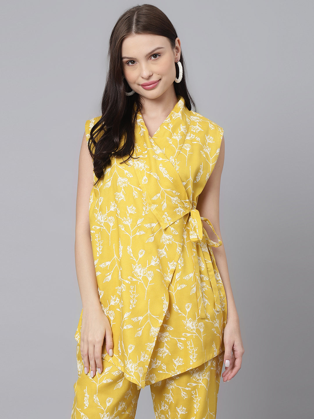 Women's Yellow Floral Rayon Print V-Neckline Sleevless Wrap Top - DECKEDUP