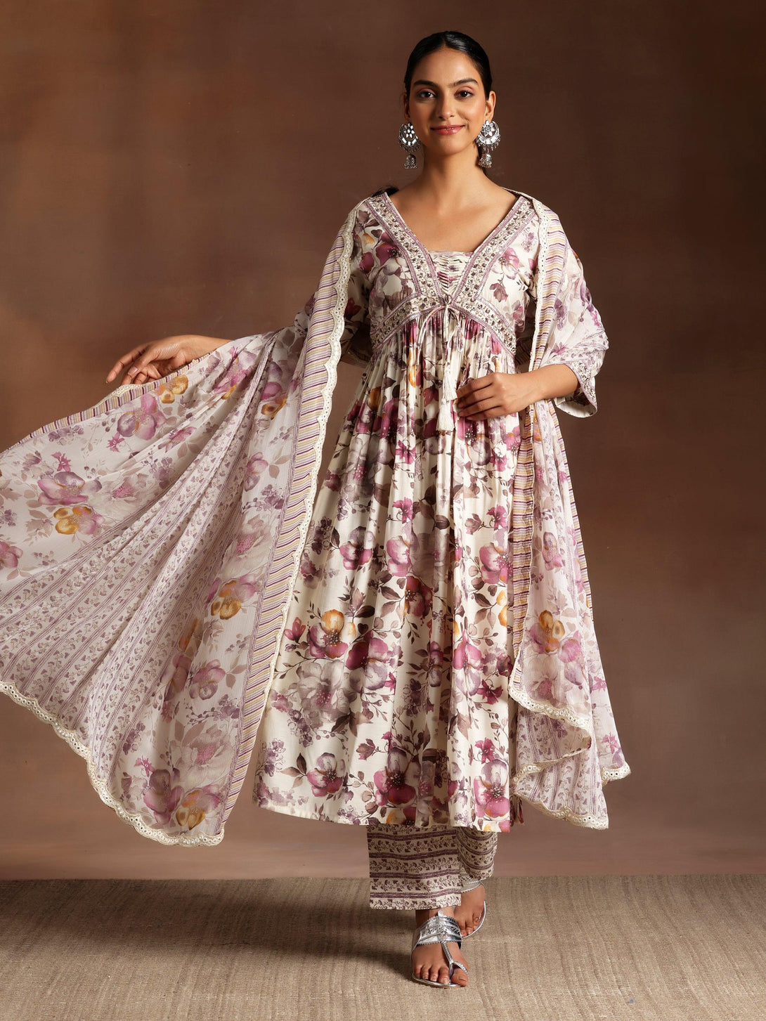 Hoor Burgundy Printed Silk Blend A-Line Kurta With Palazzos & Dupatta - Jashvi