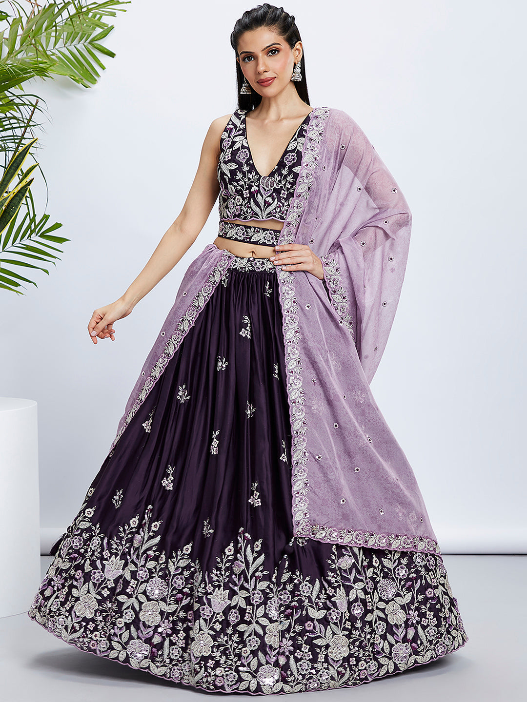 Women's Purple Net Cutdana, Sequins And Zarkan Embroidery  Lehenga Choli & Dupatta - Royal Dwells