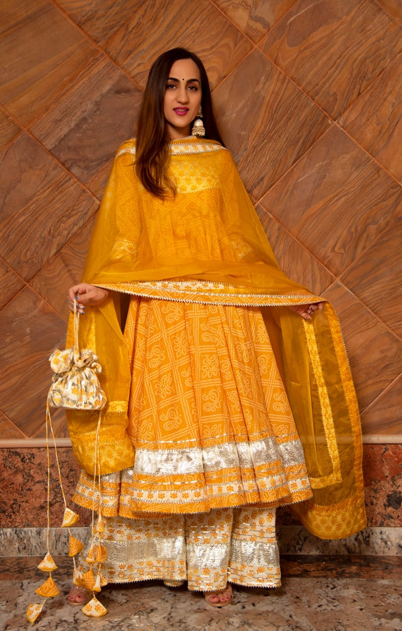 Women's Yellow Leaf Cotton Anarkali Plazo Set - Pomcha Jaipur