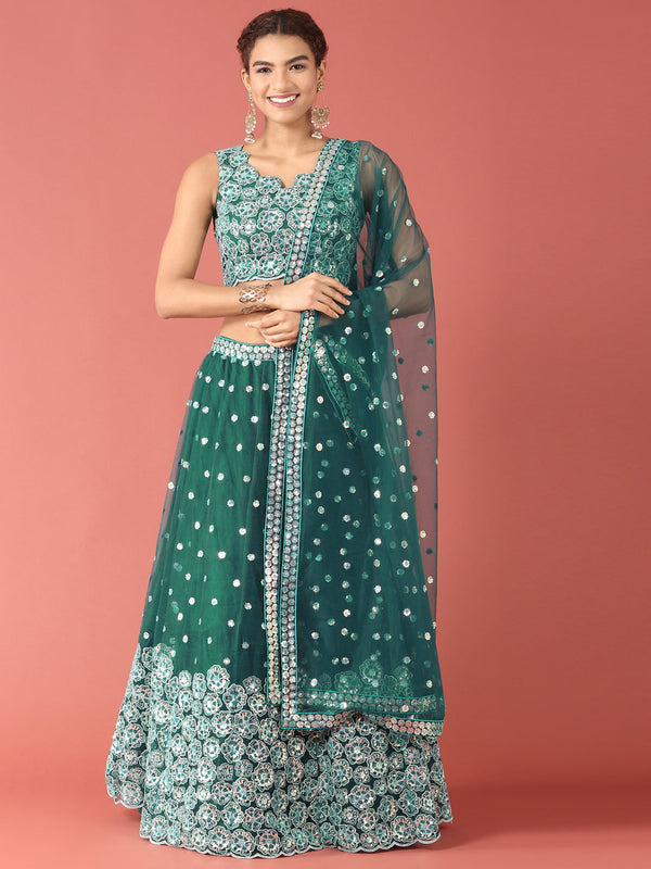 Women's Teal Net Sequince Work Lehenga & Blouse, Dupatta - Royal Dwells