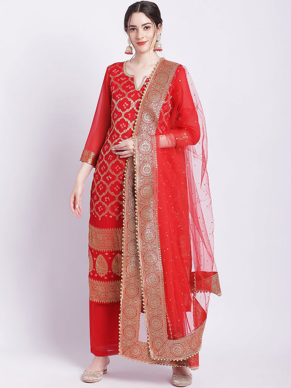 Women's Red Bandhej Bridal Kurti With Straight Palazzo And Net Dupatta - Anokherang