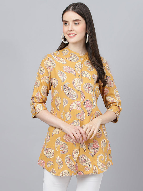 Women's Mustard Yellow Print Mandarin Collar Roll-Up Sleeves Shirt Style Top - Taantav