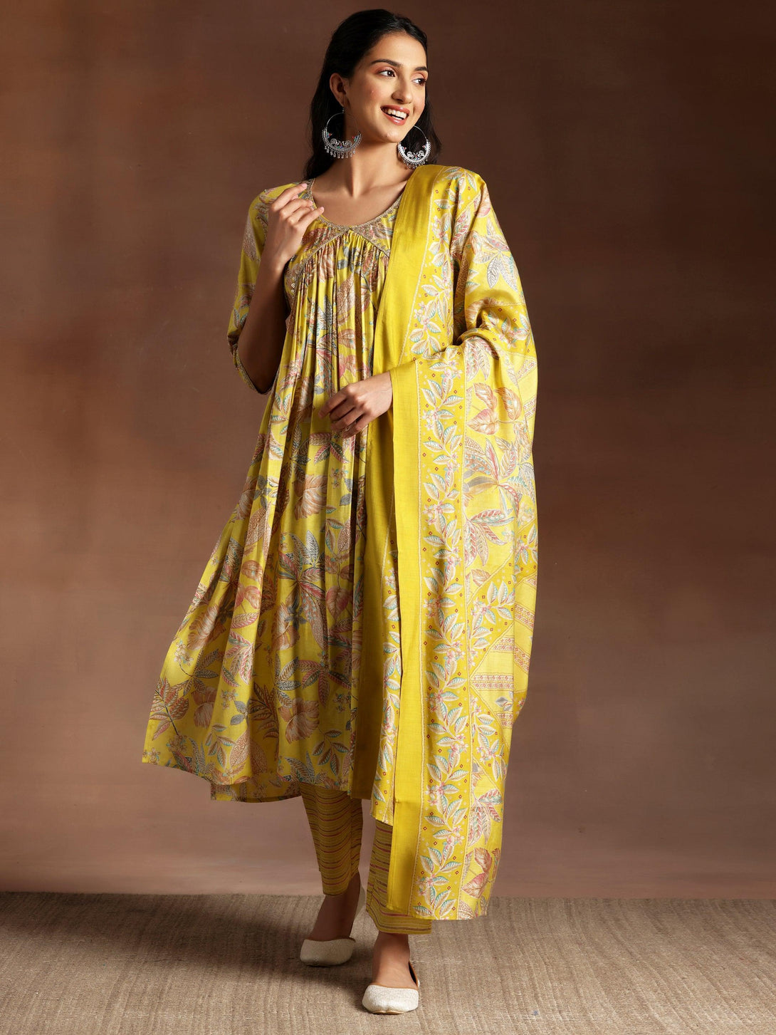 Aashna Mustard Printed Silk Blend A-Line Kurta With Palazzos & Dupatta - Jashvi