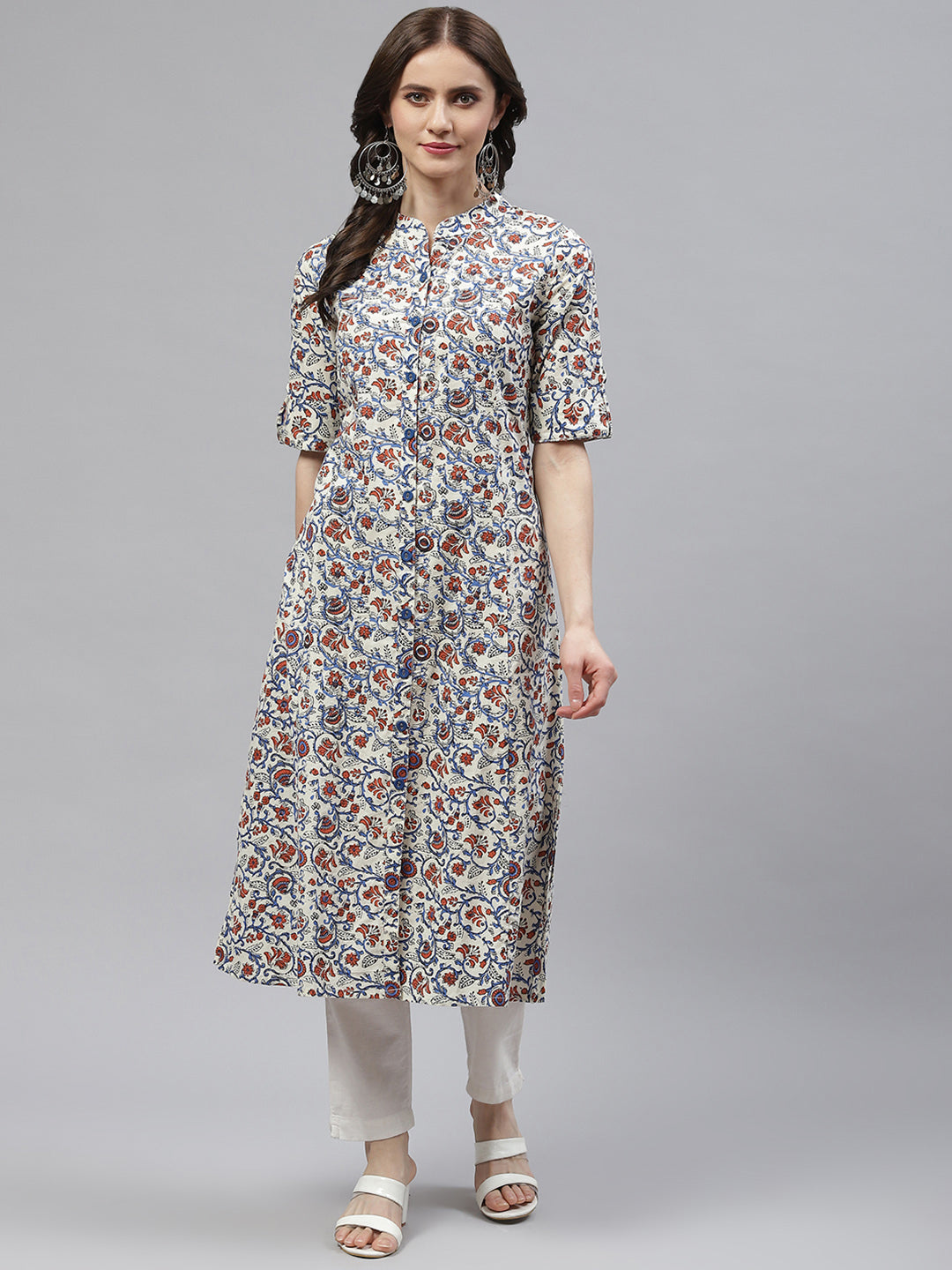 Women's Cotton A-Line Kurta (White) - Kipek