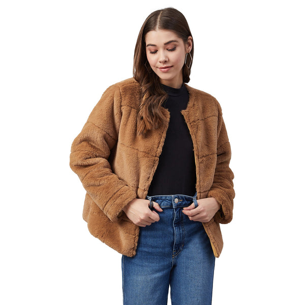 Women's Brown Faux Fur Open Jacket - StyleStone