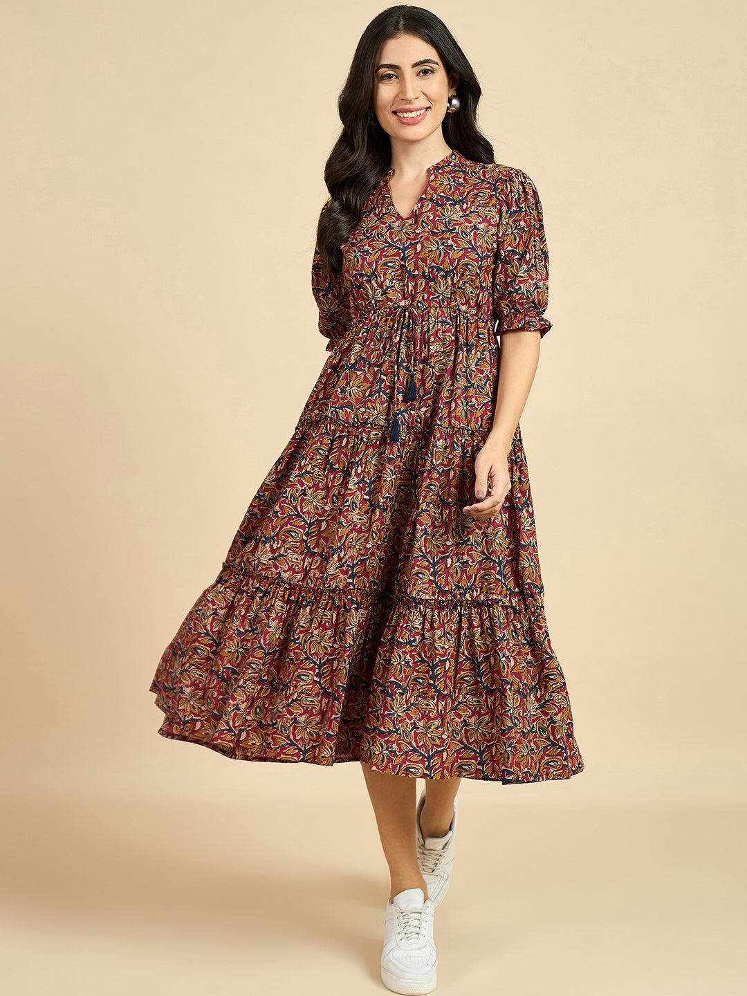 Women's Maroon Cotton Floral Printed Fit & Flared Dress - Azira