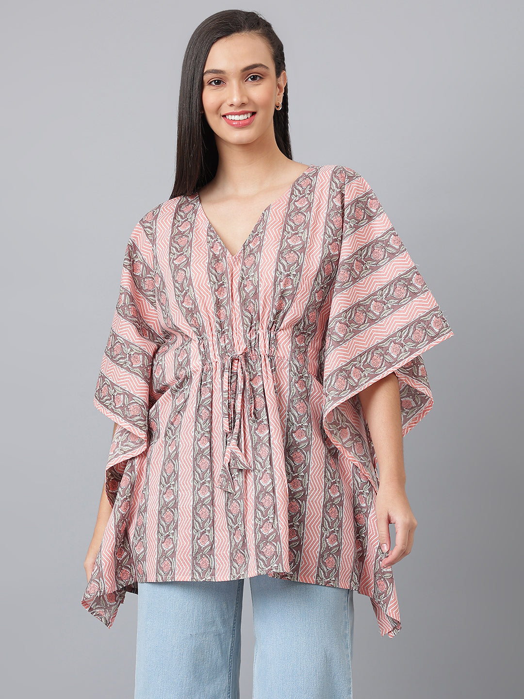 Women's Pink And Grey Printed Cotton Kaftan - Deckedup