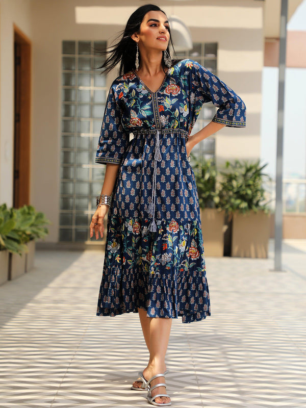 Blue Printed Cotton Fit and Flare Dress - Jashvi