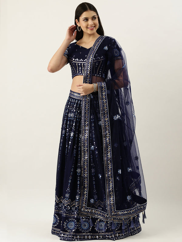 Women's Navy Blue Pure Georgette Embroidered Lehenga & Blouse, Dupatta - Royal Dwells