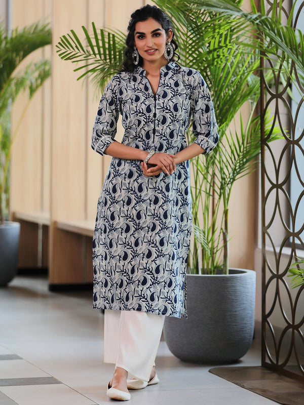 Blue Printed Cotton Straight Kurta - Jashvi