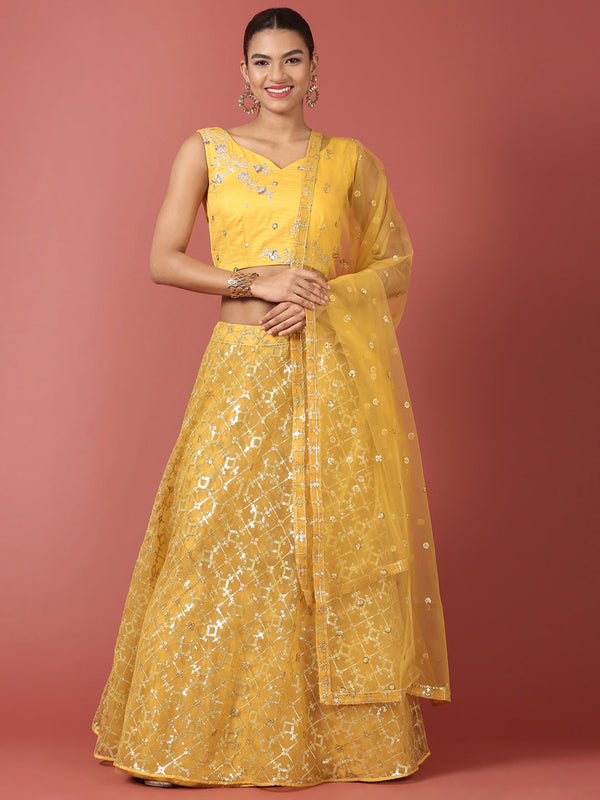 Women's Mustard Net Sequinse Work Fully-Stitched Lehenga & Stitched Blouse, Dupatta - Royal Dwells