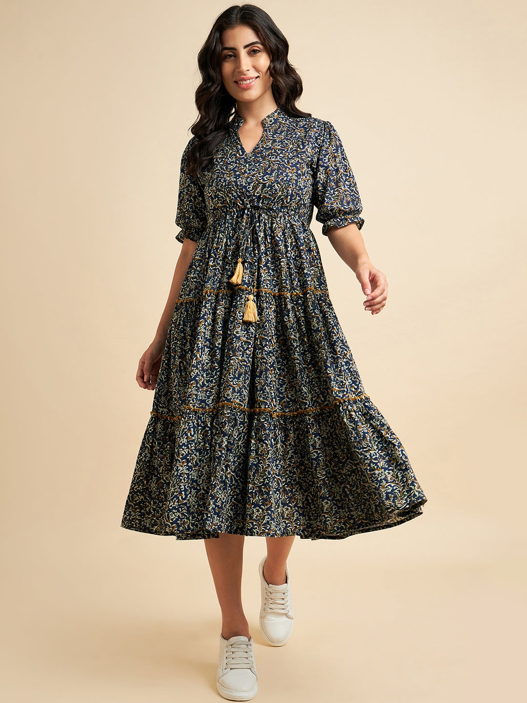 Women's Blue Cotton Floral Printed Fit & Flared Dress - Azira