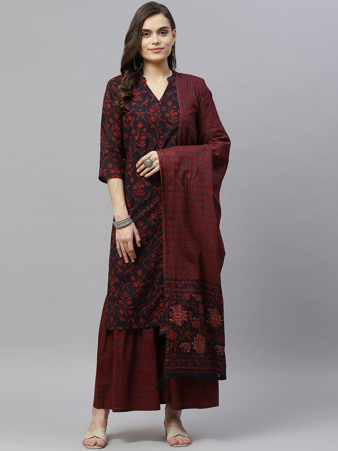 Women's Cotton Floral Print Straight Kurta Sharara And Dupatta Set - Miravan