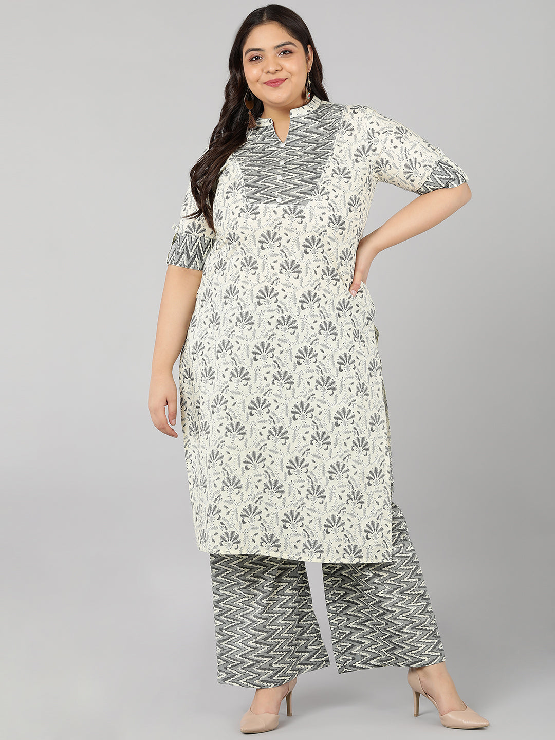 Women's Cotton Printed Straight Kurta Set (Cream) - Kipek