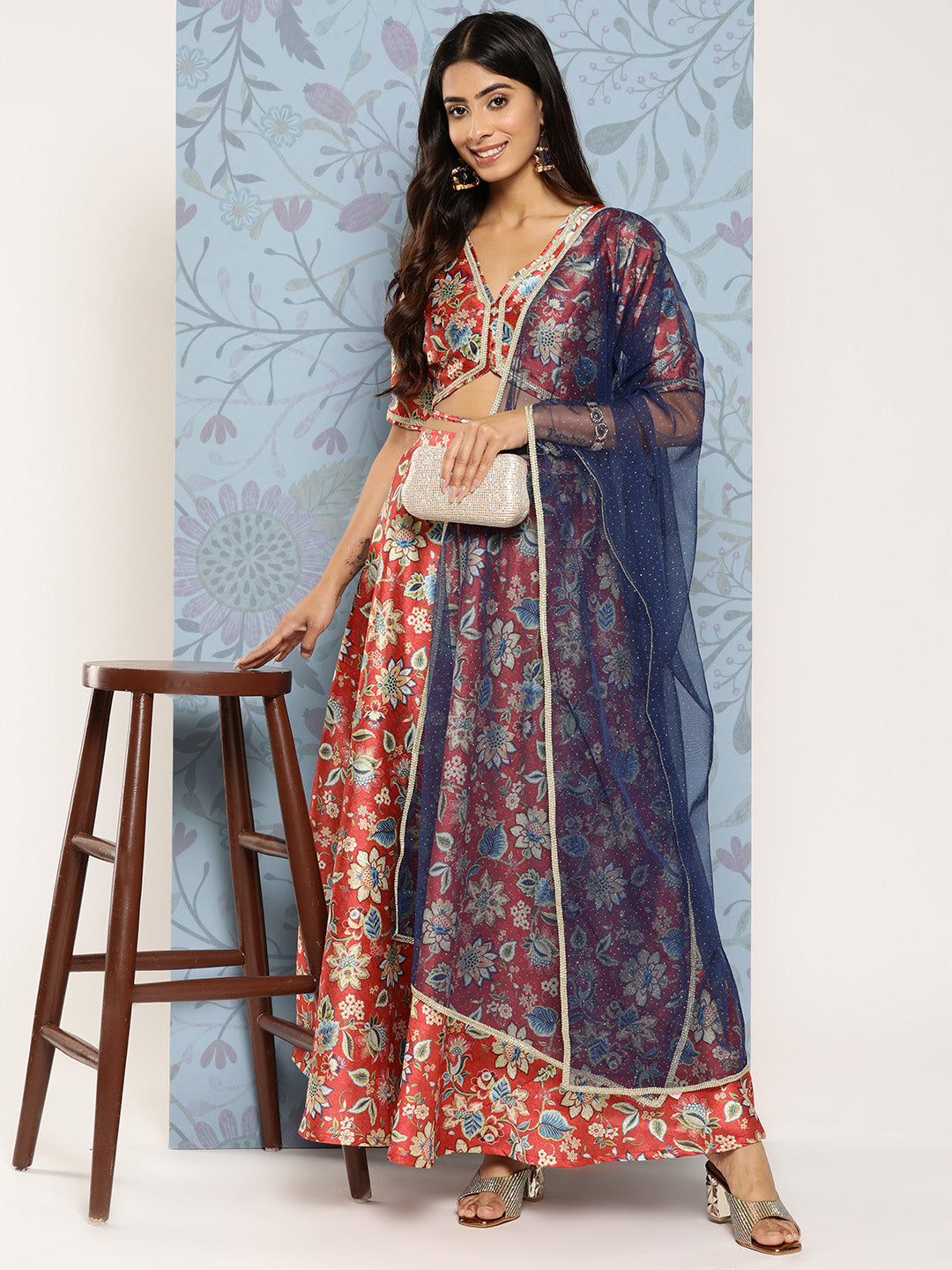 Women's Printed Zari Ready To Wear Lehenga & Blouse With Dupatta - Ahalyaa