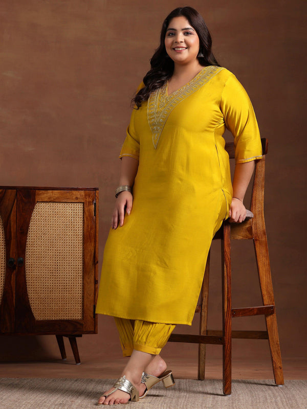 Plus Size Yellow Yoke Design Silk Blend Straight Kurta Set