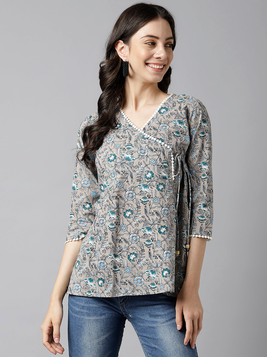 Women's Grey And Blue Floral Printed Cotton Wrap Top - Deckedup