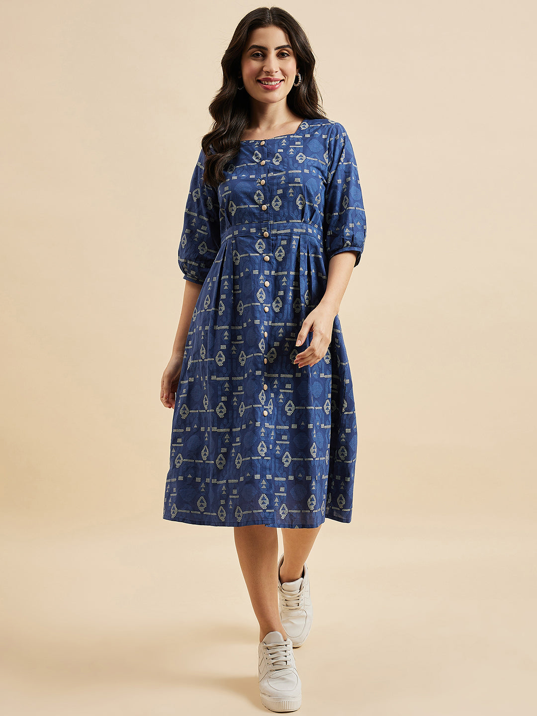 Women's Blue Cotton Abstract Printed Dress - Azira