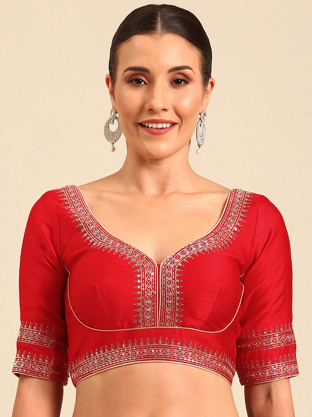 Women's Dark Red-Toned Pure Silk Embroidery Work Readymade Blouse - Royal Dwells