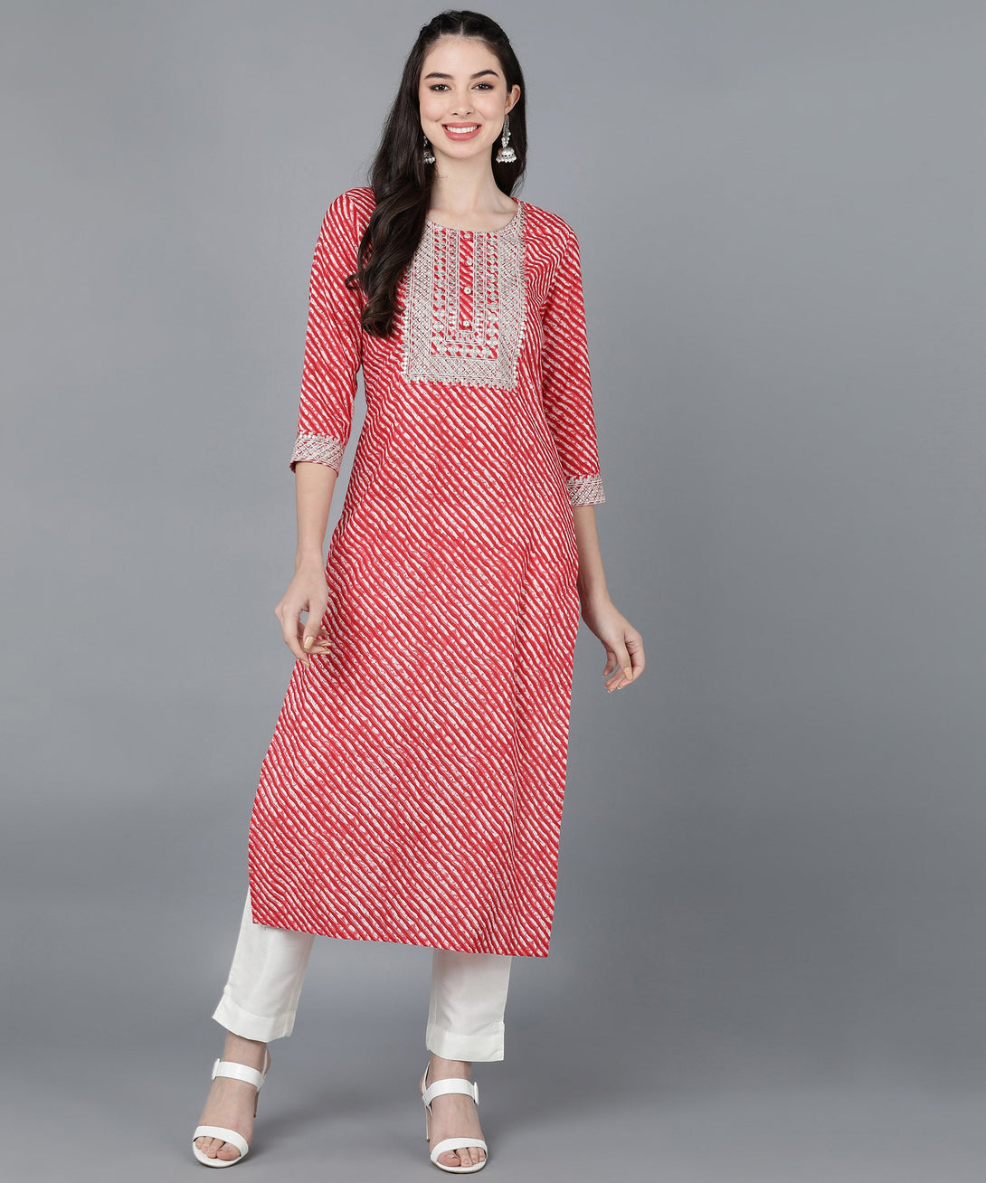 Women's Cotton Lehriya Print Straight Kurta (Red) - Kipek