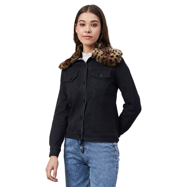 Women's Black Denim Jacket with Detachable Animal Fur Collar - StyleStone