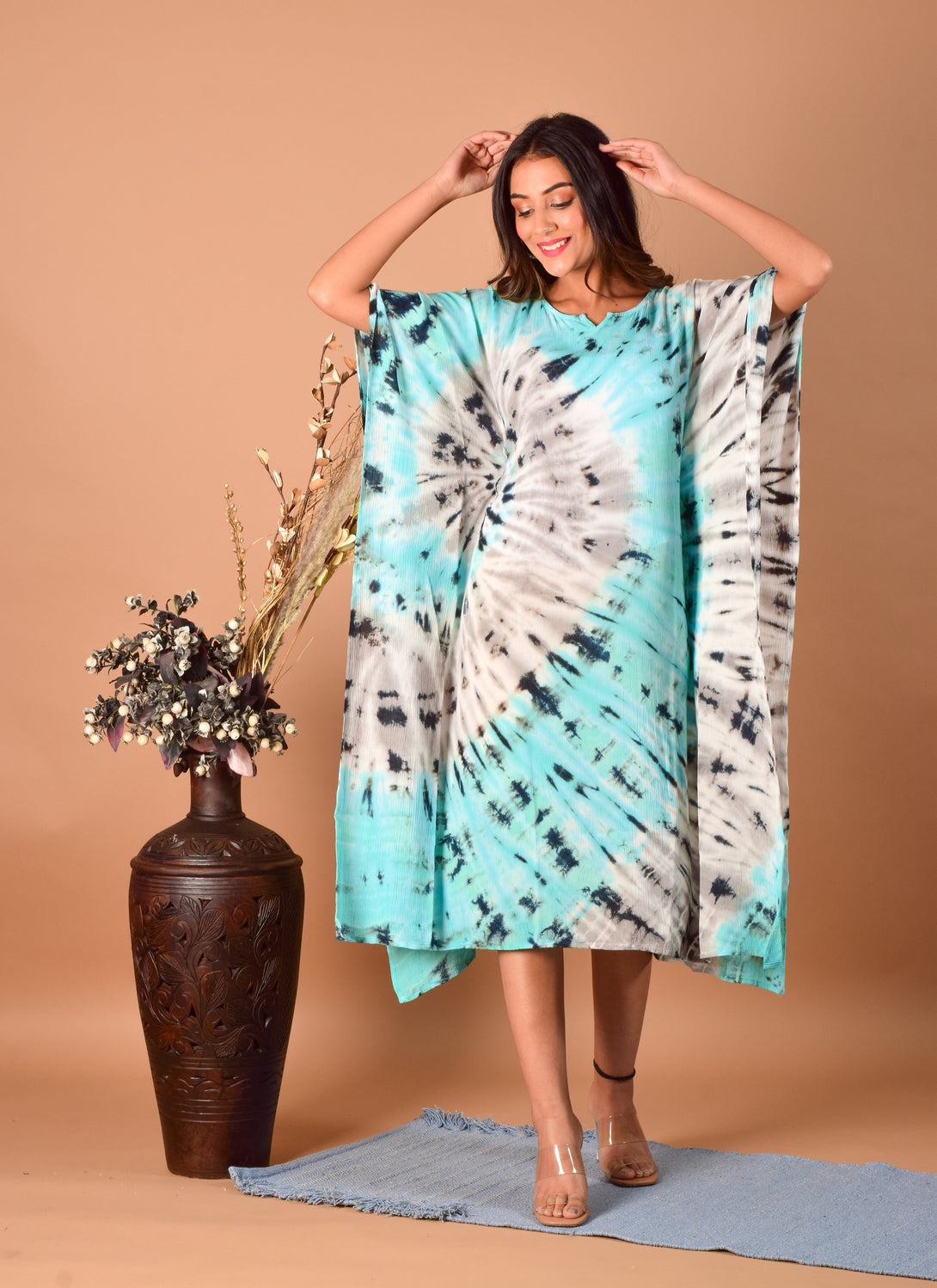 Women's Light Blue Hand Dyed Kaftan Dress - Maaesa