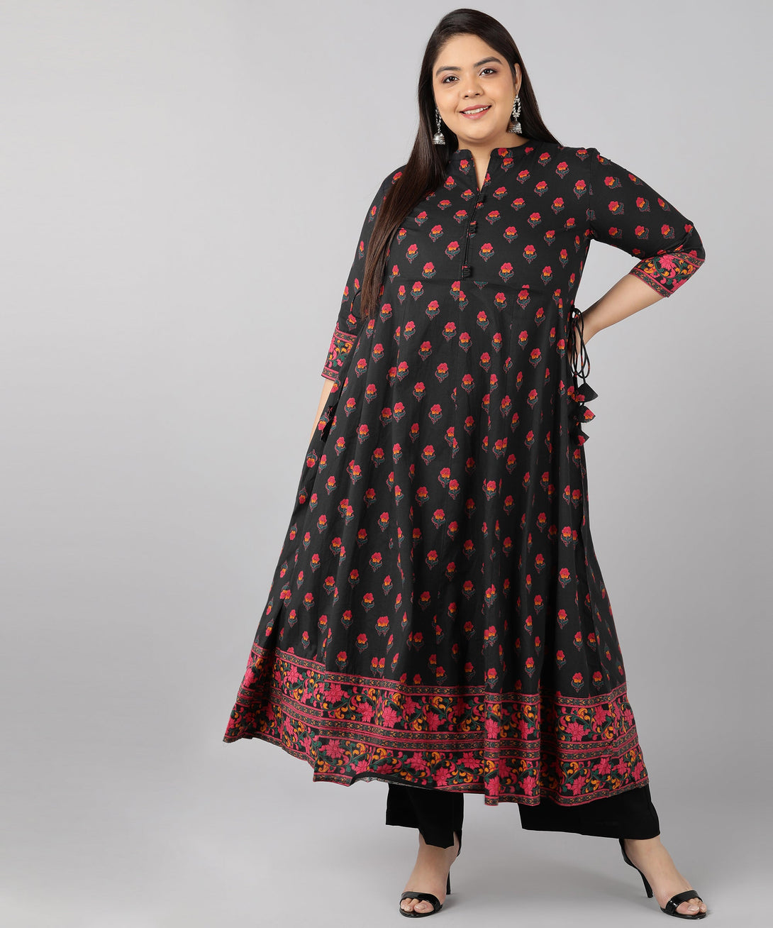 Women's Cotton Block Print Anarkali Kurta (Black) - Kipek