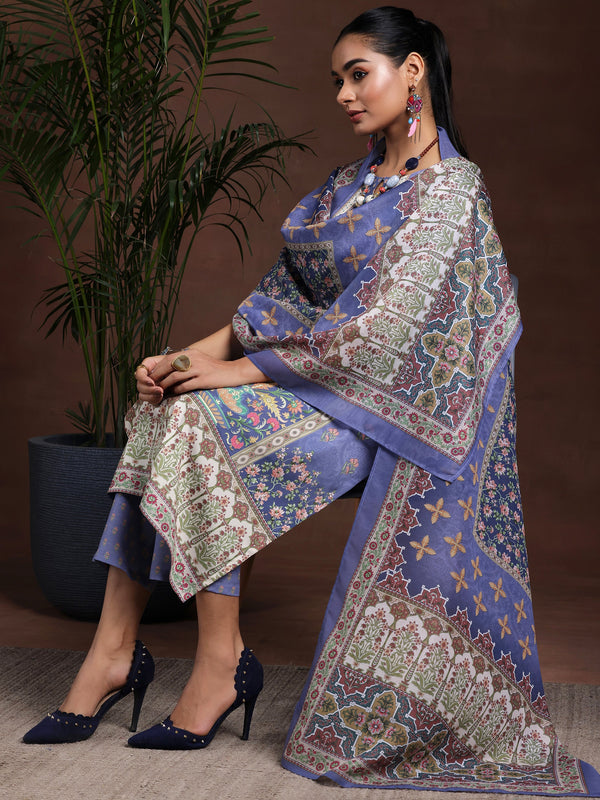 Purple Printed Poly Crepe Straight Suit With Dupatta