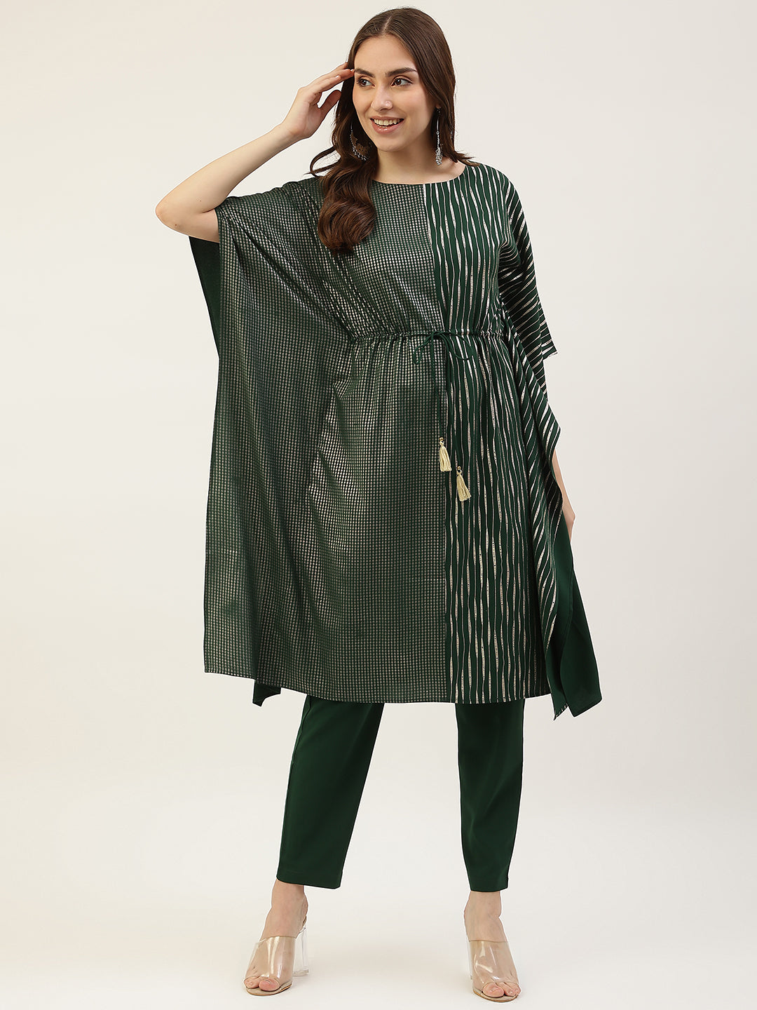 Women's Green Poly Crepe Kaftan Type Kurta Set - Fiorra