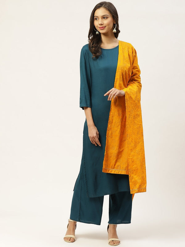 Women's Teal Blue Solid Kurta with Palazzos & Ethnic Motifs Hand Printed Dupatta - Maaesa