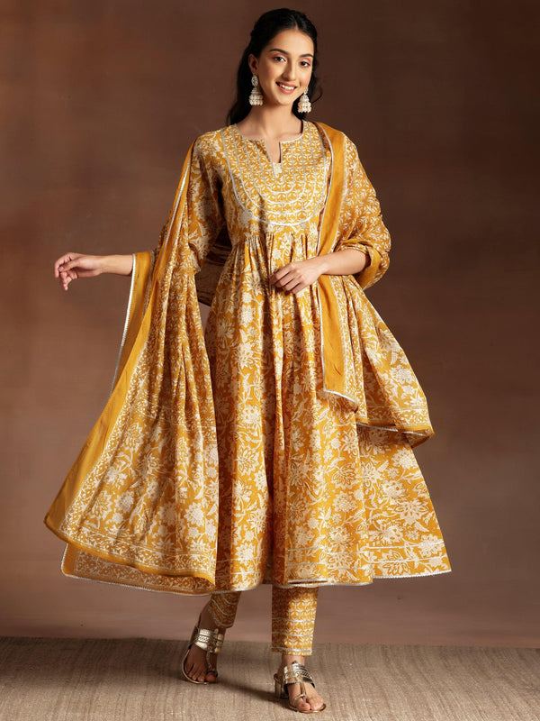 Mustard Printed Cotton Anarkali Suit With Dupatta - Jashvi