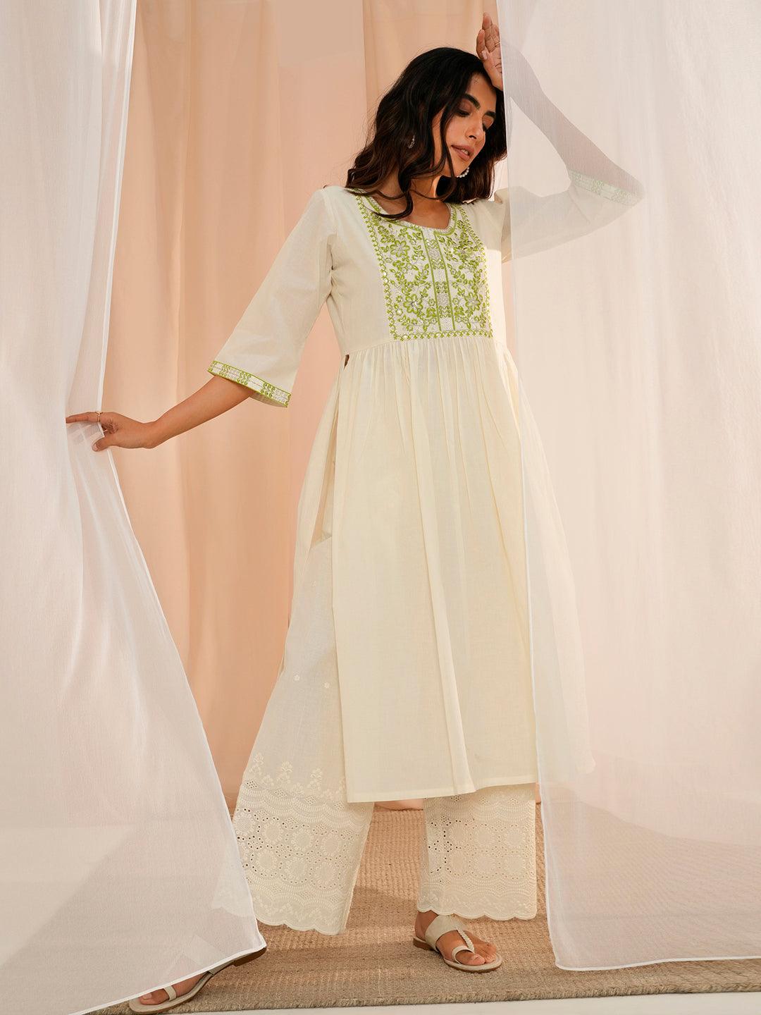 Off White Yoke Design Cotton A-Line Kurta - Jashvi