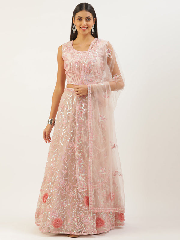 Women's Coral Net Sequinse Work Fully-Stitched Lehenga & Stitched Blouse, Dupatta - Royal Dwells