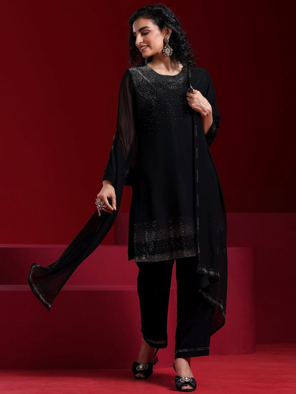 Jashvi Art Black Solid Georgette Straight Suit With Dupatta