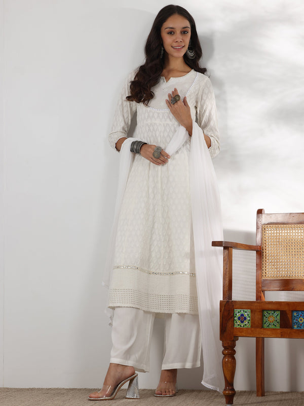 White Embroidered Cotton Anarkali Suit With Dupatta