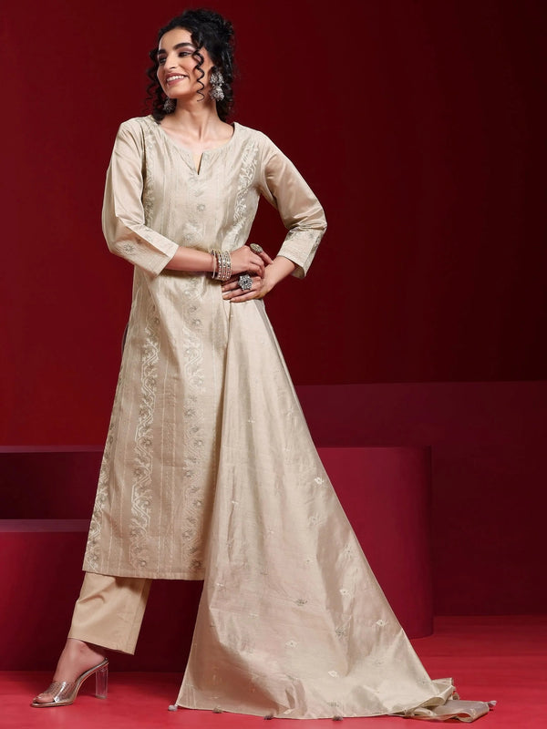 Jashvi Art Grey Embroidered Chanderi Silk Straight Suit With Dupatta