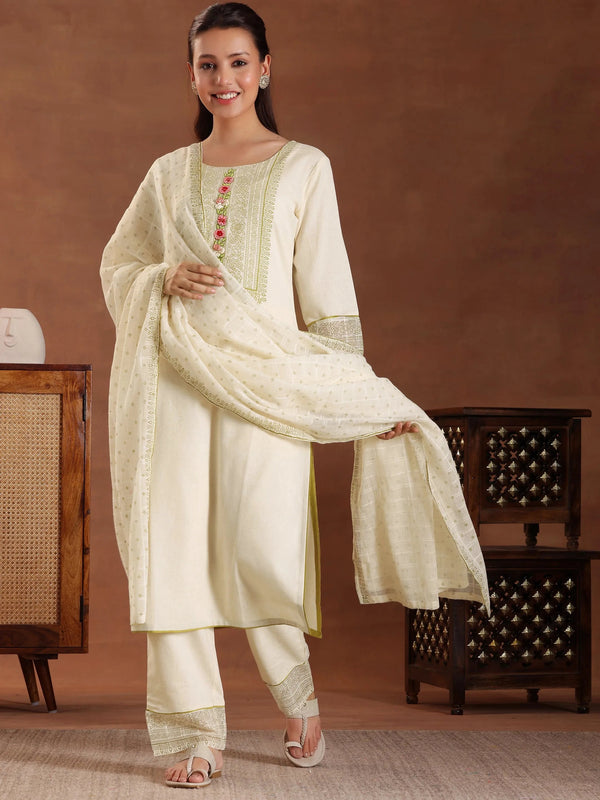 Off White Yoke Design Cotton Straight Suit With Dupatta