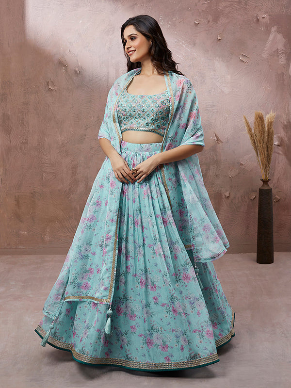 Women's Turquoise Blue Organza Floral Printed Semi-Stitched Lehenga Choli & Dupatta - Royal Dwells