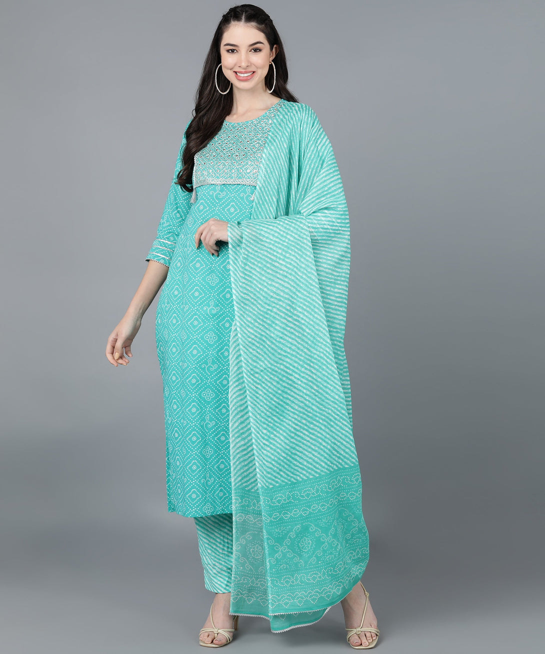 Women's Cotton Lehriya Print Straight Kurta Set (Blue) - Kipek