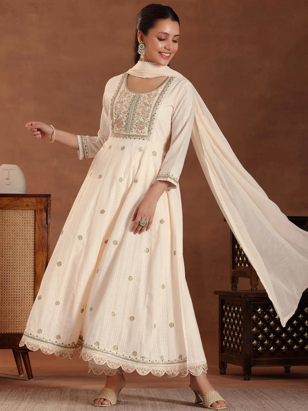 Peach Embroidered Pure Cotton A-line Kurta With Sharara & Dupatta