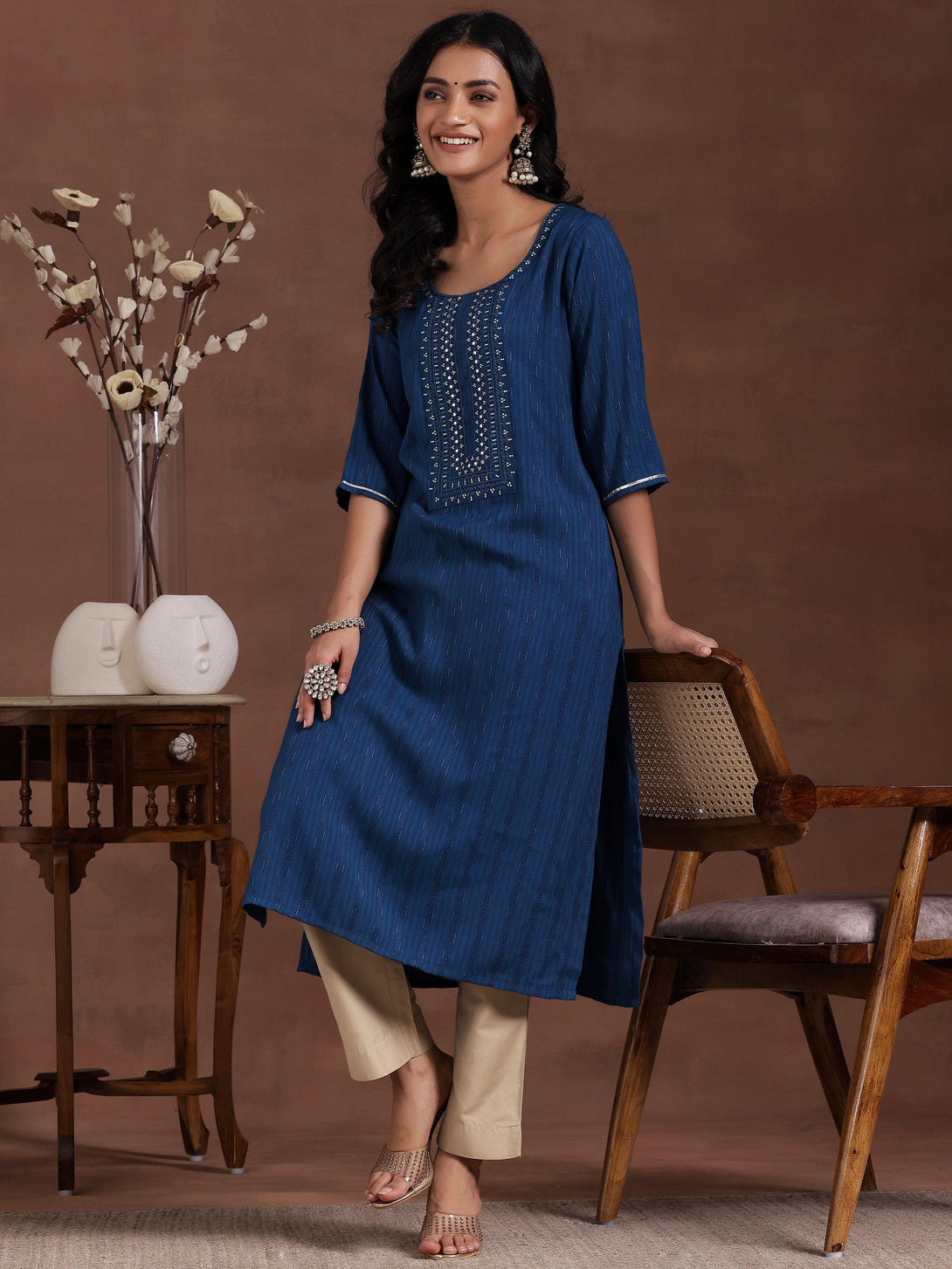 Blue Yoke Design Rayon Straight Kurta - Jashvi